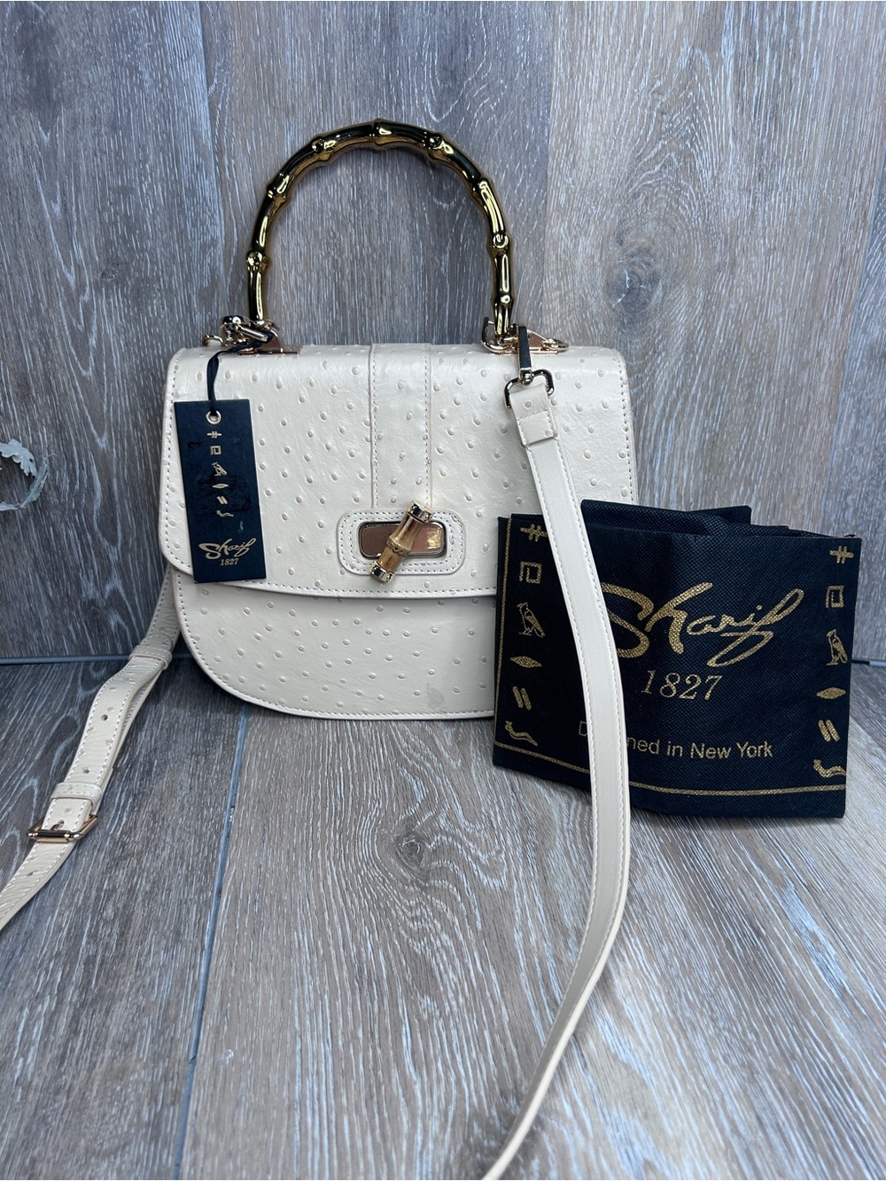 Sharif Legacy Cream Ostrich Lambskin Leather Bamboo Handle Satchel w/Dustbag NWT - Picture 15 of 16